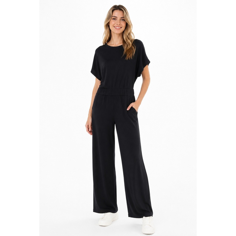 SPANX AirEssentials Cinched Jumpsuit Large Black Wide Leg Dolman Sleeve Travel